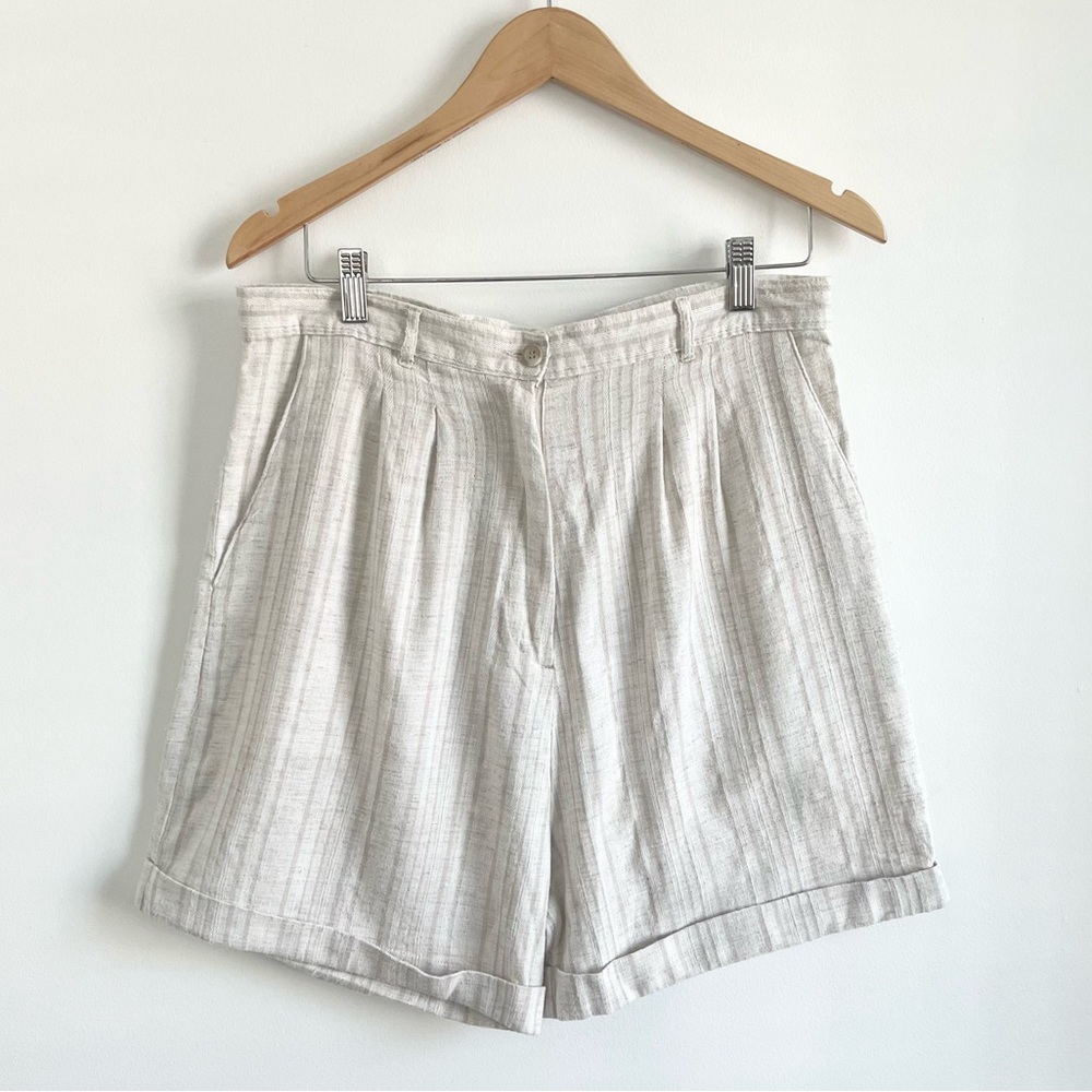 Vintage Linen High Waisted Striped Neutral Long Shorts